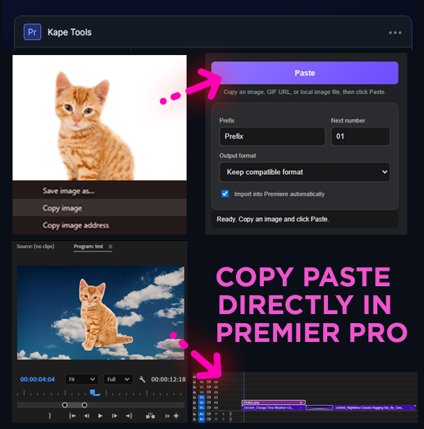 Kape Tools workflow showing an image copied from the web, pasted into Kape Tools, and imported into Adobe Premiere Pro